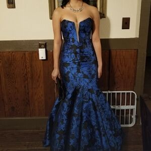 Strapless Blue Floral Mermaid Evening Gown
